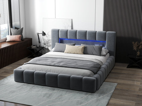 Pat dormitor dumonde, tapitat gri cu LED si USB, Palermo 140x200 cm, somiera rabatabila inclusa, spatiu depozitare WLS
