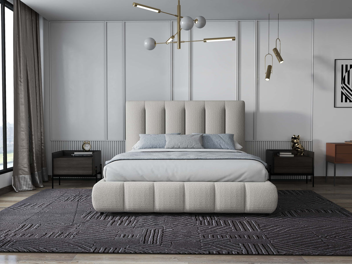 Set Pat dormitor dumonde, tapitat bej, Divaneo 180x200 cm, somiera rabatabila inclusa, spatiu depozitare + saltea