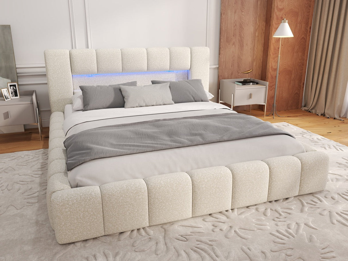 Pat dormitor dumonde, tapitat bej cu LED si USB, Palermo 160x200 cm, somiera rabatabila inclusa, spatiu depozitare