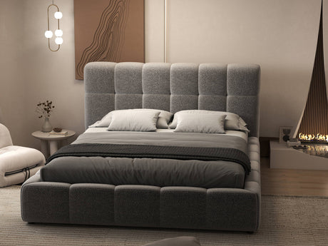 Set Pat dormitor dumonde, tapitat gri, Lorenzo 180X200 cm, somiera rabatabila inclusa, spatiu depozitare + saltea