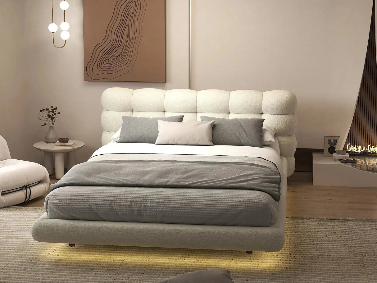 Set Pat dormitor dumonde, tapitat gri cu LED, "floating bed" Cloud 180x200 cm, somiera inclusa + saltea