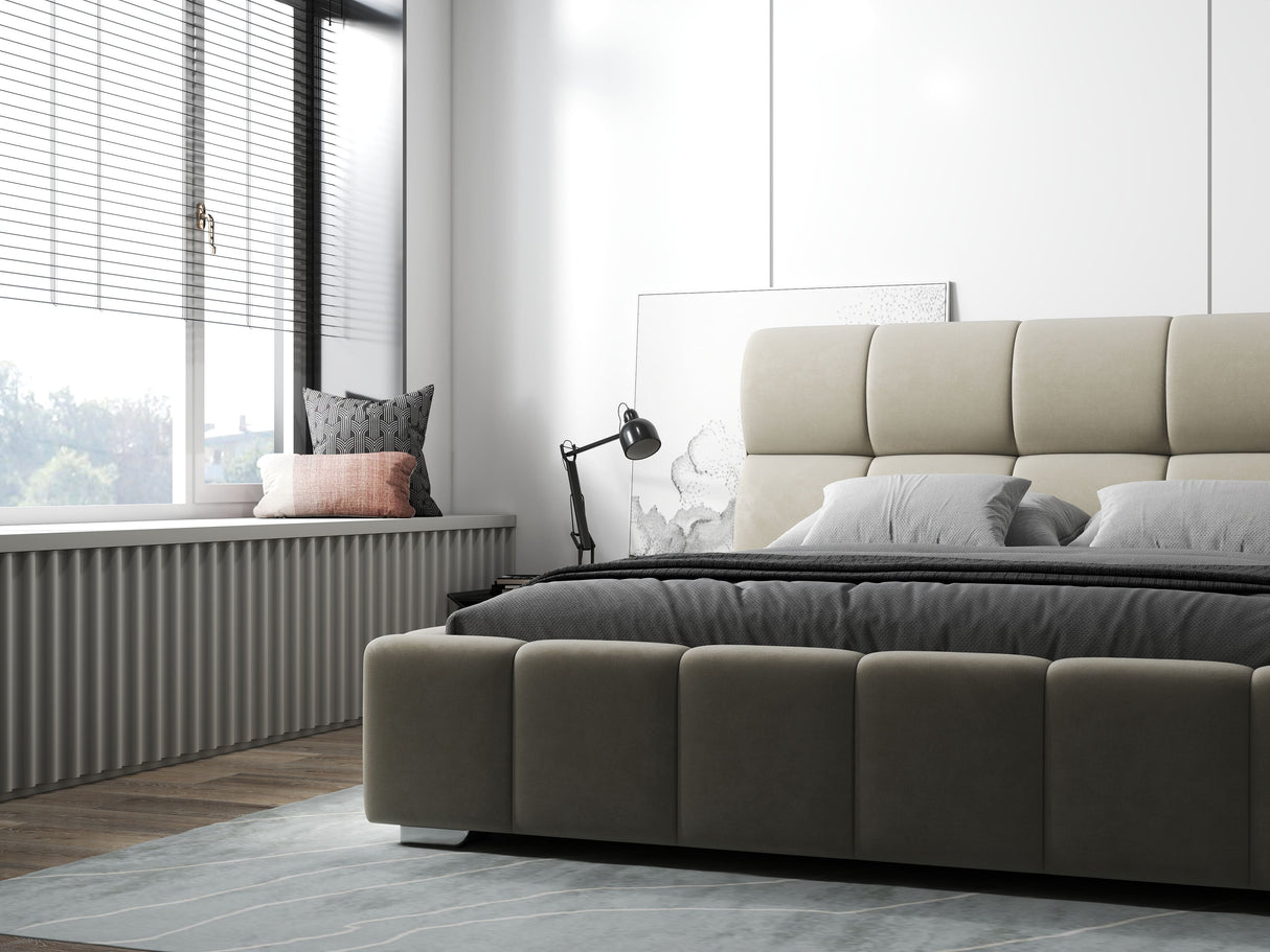 Pat dormitor dumonde, tapitat bej, Prestige 160x200 cm, somiera rabatabila inclusa, spatiu depozitare WLS