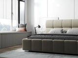 Pat dormitor dumonde, tapitat bej, Prestige 160x200 cm, somiera rabatabila inclusa, spatiu depozitare WLS