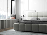 Pat dormitor dumonde, tapitat bej, Prestige 180x200 cm, somiera rabatabila inclusa, spatiu depozitare WLS