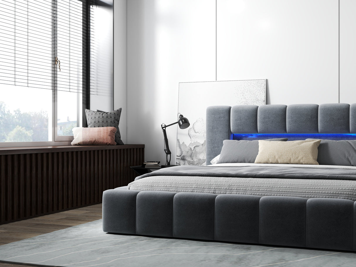 Pat dormitor dumonde, tapitat gri cu LED si USB, Palermo 180x200 cm, somiera rabatabila inclusa, spatiu depozitare WLS