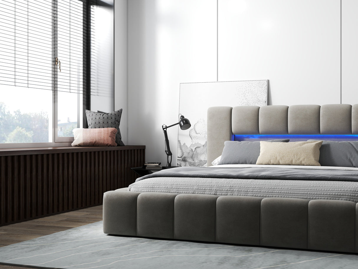 Pat dormitor dumonde, tapitat bej cu LED si USB, Palermo 180x200 cm, somiera rabatabila inclusa, spatiu depozitare WLS