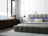Pat dormitor dumonde, tapitat bej cu LED si USB, Palermo 140x200 cm, somiera rabatabila inclusa, spatiu depozitare WLS