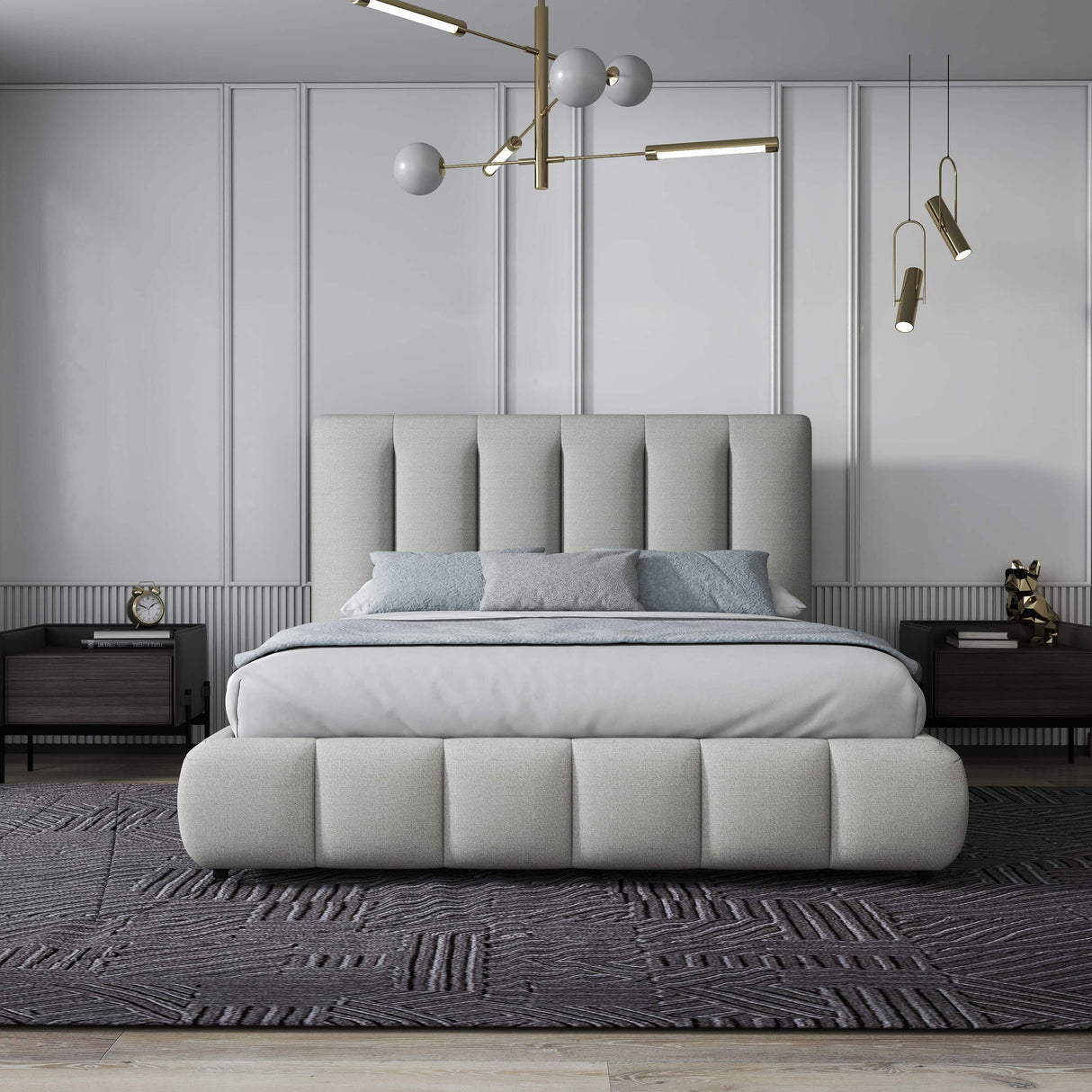 Pat dormitor dumonde, tapitat gri, Divaneo 160x200 cm, somiera rabatabila inclusa, spatiu depozitare WLS