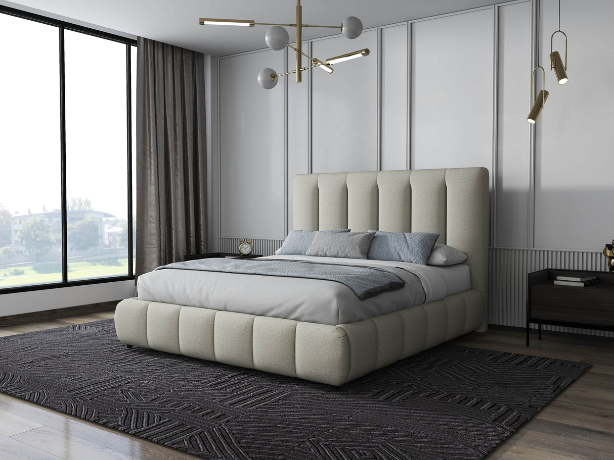 Set Pat dormitor dumonde, tapitat gri, Divaneo 160x200 cm, somiera rabatabila inclusa, spatiu depozitare + saltea