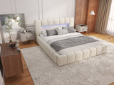 Pat dormitor dumonde, tapitat bej cu LED si USB, Palermo 160x200 cm, somiera rabatabila inclusa, spatiu depozitare