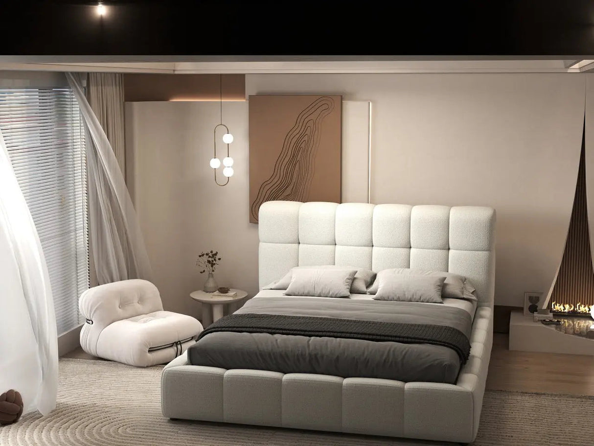 Pat dormitor dumonde, tapitat alb, Lorenzo 160x200 cm, somiera rabatabila inclusa, spatiu depozitare WLS