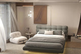Set Pat dormitor dumonde, tapitat gri cu LED, "floating bed" Cloud 140x200 cm, somiera inclusa + saltea