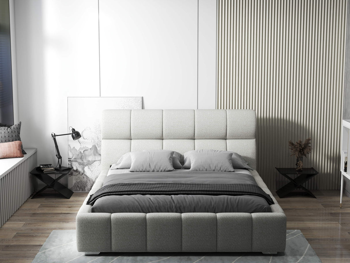 Pat dormitor dumonde, tapitat bej, Prestige 180x200 cm, somiera rabatabila inclusa, spatiu depozitare WLS
