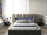 Pat dormitor dumonde, tapitat bej cu LED si USB, Palermo 160x200 cm, somiera rabatabila inclusa, spatiu depozitare WLS