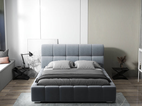 Pat dormitor dumonde, tapitat gri, Prestige 160x200 cm, somiera rabatabila inclusa, spatiu depozitare WLS