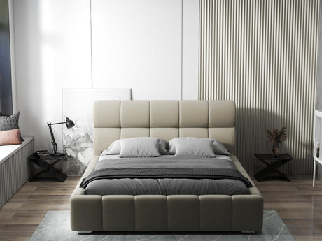 Pat dormitor dumonde, tapitat bej, Prestige 160x200 cm, somiera rabatabila inclusa, spatiu depozitare WLS