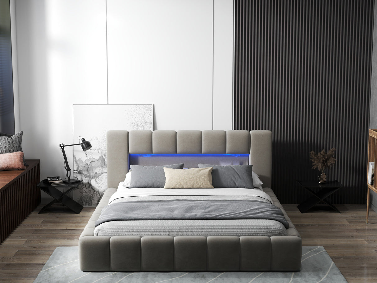 Pat dormitor dumonde, tapitat bej cu LED si USB, Palermo 180x200 cm, somiera rabatabila inclusa, spatiu depozitare WLS
