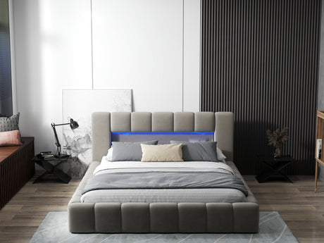 Pat dormitor dumonde, tapitat bej cu LED si USB, Palermo 140x200 cm, somiera rabatabila inclusa, spatiu depozitare WLS