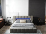 Pat dormitor dumonde, tapitat bej cu LED si USB, Palermo 140x200 cm, somiera rabatabila inclusa, spatiu depozitare WLS