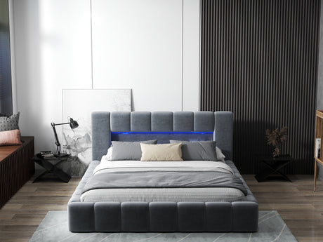 Pat dormitor dumonde, tapitat gri cu LED si USB, Palermo 140x200 cm, somiera rabatabila inclusa, spatiu depozitare WLS