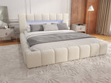 Pat dormitor dumonde, tapitat bej cu LED si USB, Palermo 160x200 cm, somiera rabatabila inclusa, spatiu depozitare