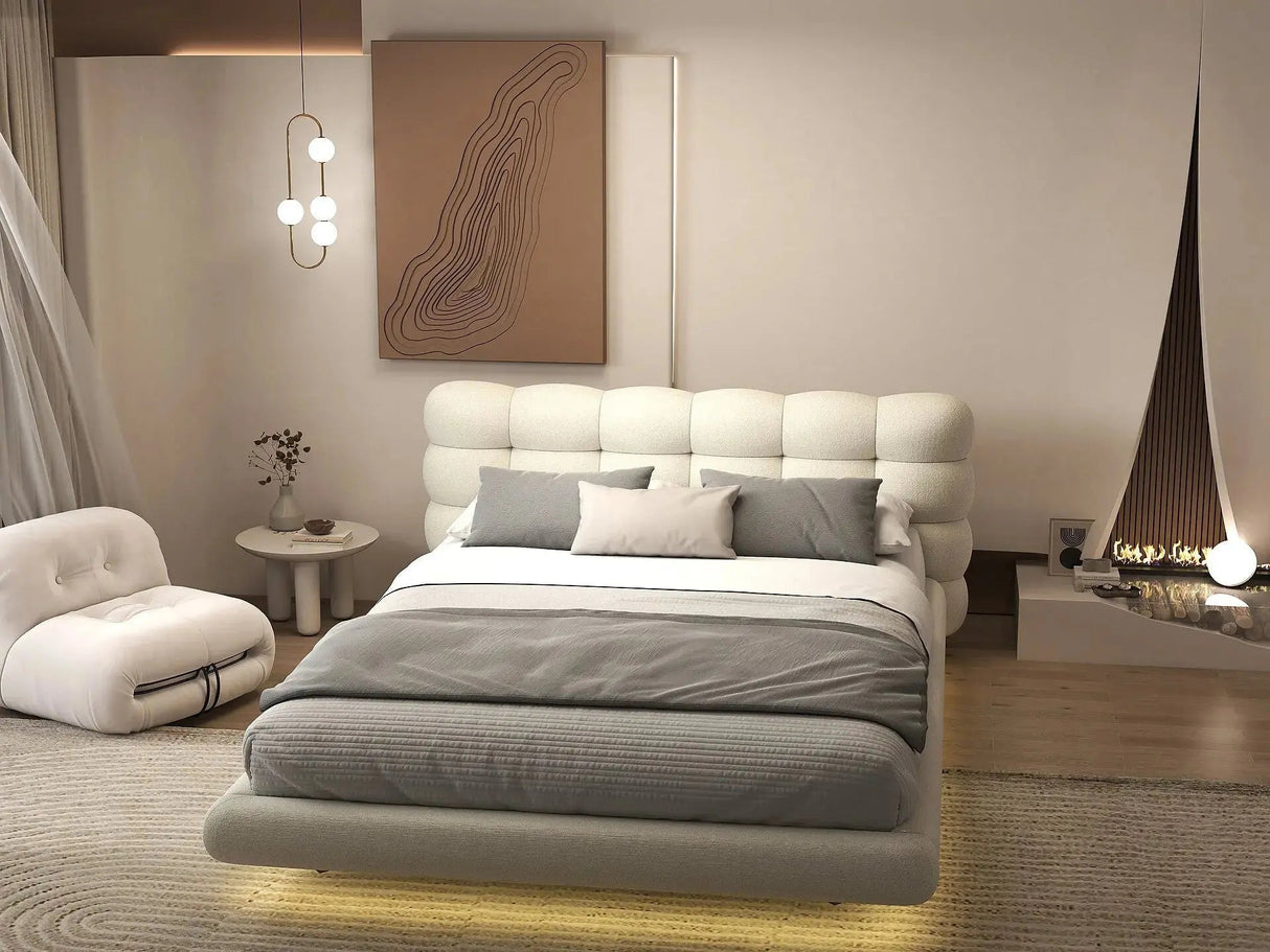 Set Pat dormitor dumonde, tapitat gri cu LED, "floating bed" Cloud 180x200 cm, somiera inclusa + saltea