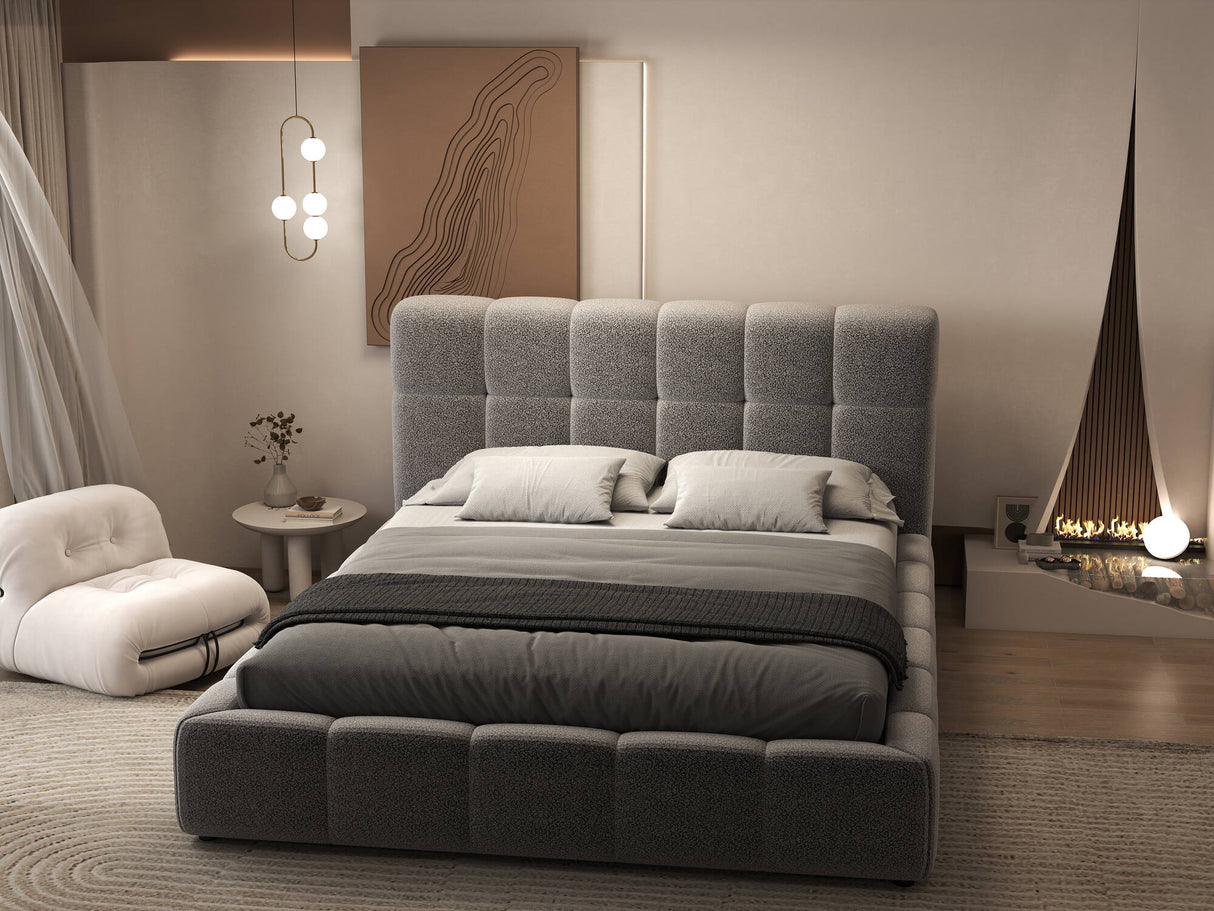Set Pat dormitor dumonde, tapitat gri, Lorenzo 180X200 cm, somiera rabatabila inclusa, spatiu depozitare + saltea