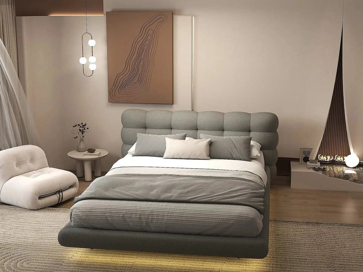 Set Pat dormitor dumonde, tapitat gri cu LED, "floating bed" Cloud 140x200 cm, somiera inclusa + saltea