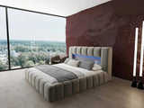 Pat dormitor dumonde, tapitat bej cu LED si USB, Palermo 160x200 cm, somiera rabatabila inclusa, spatiu depozitare WLS