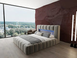 Pat dormitor dumonde, tapitat bej cu LED si USB, Palermo 180x200 cm, somiera rabatabila inclusa, spatiu depozitare WLS