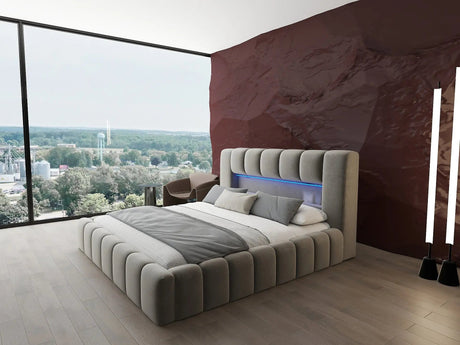 Pat dormitor dumonde, tapitat bej cu LED si USB, Palermo 180x200 cm, somiera rabatabila inclusa, spatiu depozitare WLS