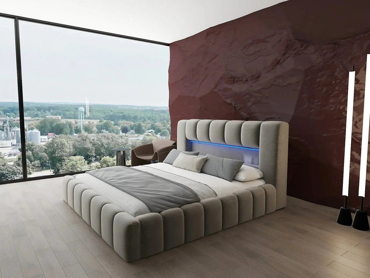 Pat dormitor dumonde, tapitat bej cu LED si USB, Palermo 140x200 cm, somiera rabatabila inclusa, spatiu depozitare