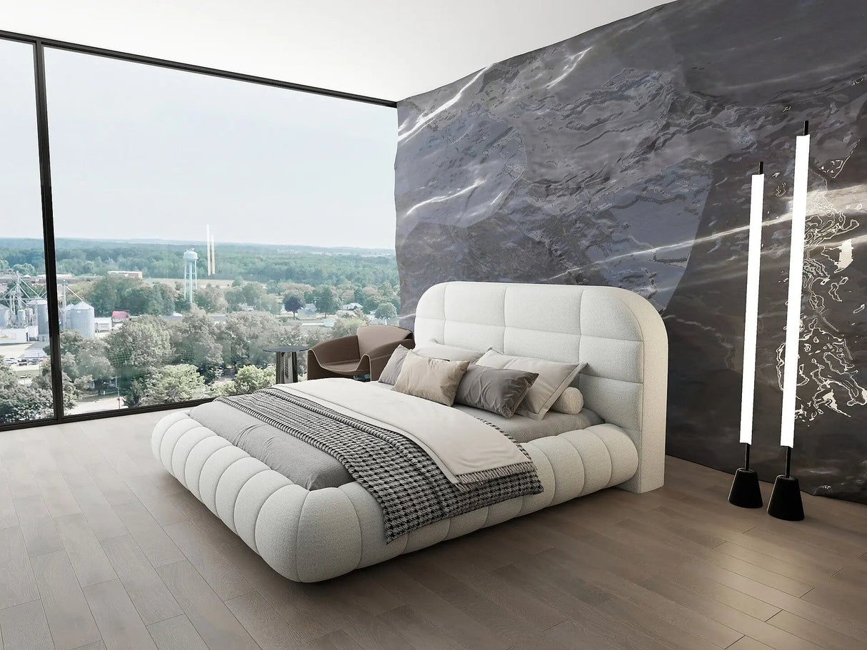 Pat dormitor dumonde, tapitat alb, Senso 160x200 cm, somiera rabatabila inclusa, spatiu depozitare dumonde