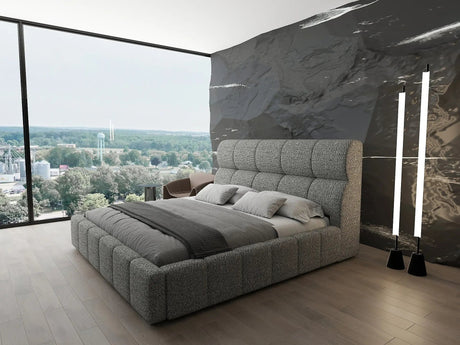 Pat dormitor dumonde, tapitat bej, Prestige 180x200 cm, somiera rabatabila inclusa, spatiu depozitare WLS