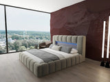 Set Pat dormitor dumonde, tapitat bej cu LED si USB, Palermo 160x200 cm, somiera rabatabila inclusa, spatiu depozitare + saltea