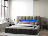 Pat dormitor dumonde, tapitat bej cu LED si USB, Palermo 160x200 cm, somiera rabatabila inclusa, spatiu depozitare WLS