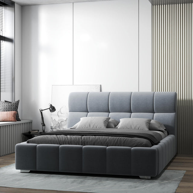 Pat dormitor dumonde, tapitat gri, Prestige 160x200 cm, somiera rabatabila inclusa, spatiu depozitare WLS