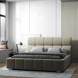 Pat dormitor dumonde, tapitat bej, Prestige 160x200 cm, somiera rabatabila inclusa, spatiu depozitare WLS