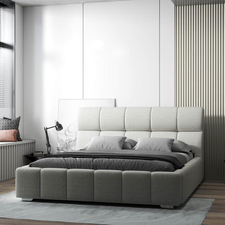 Pat dormitor dumonde, tapitat bej, Prestige 180x200 cm, somiera rabatabila inclusa, spatiu depozitare WLS