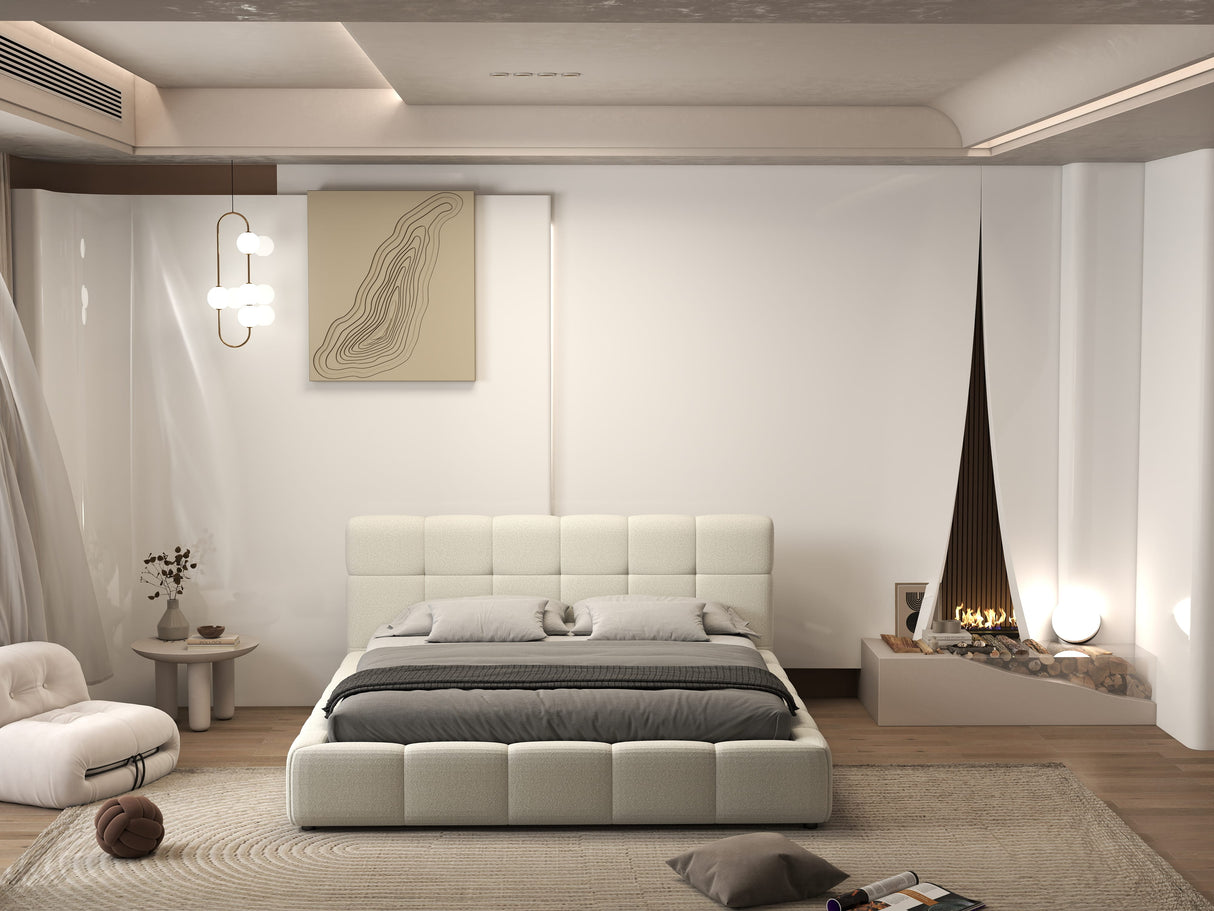 Pat dormitor dumonde, tapitat bej, Lorenzo 160x200 cm, somiera rabatabila inclusa, spatiu depozitare WLS