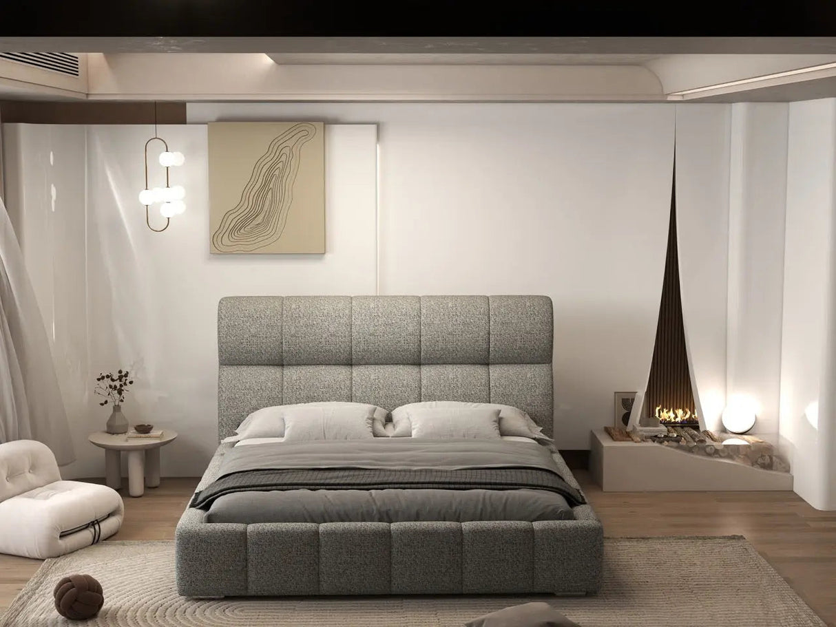 Pat dormitor dumonde, tapitat bej, Prestige 180x200 cm, somiera rabatabila inclusa, spatiu depozitare WLS