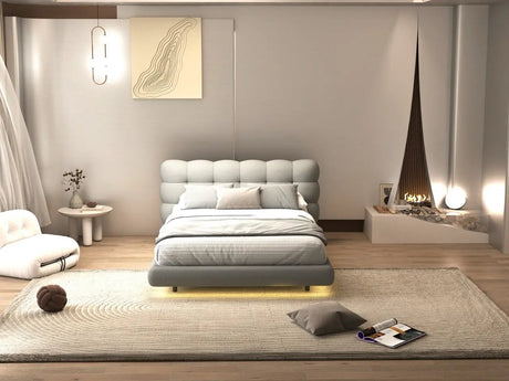 Pat dormitor dumonde, tapitat gri cu LED, "floating bed" Cloud 180x200 cm, somiera inclusa