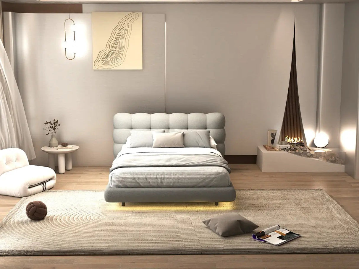 Pat dormitor dumonde, tapitat gri cu LED, "floating bed" Cloud 180x200 cm, somiera inclusa