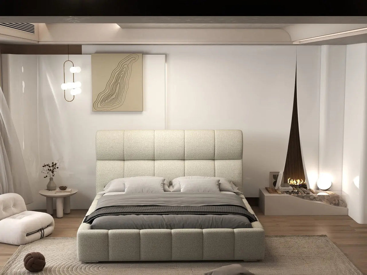 Pat dormitor dumonde, tapitat bej, Prestige 180x200 cm, somiera rabatabila inclusa, spatiu depozitare WLS