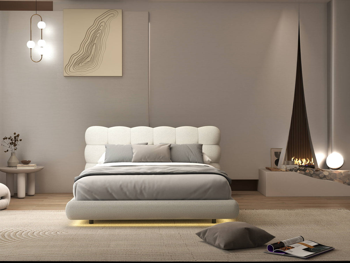 Set Pat dormitor dumonde, tapitat bej, Cloud 160x200 cm, somiera rabatabila inclusa, spatiu depozitare + saltea