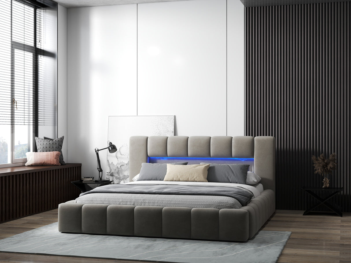 Pat dormitor dumonde, tapitat bej cu LED si USB, Palermo 180x200 cm, somiera rabatabila inclusa, spatiu depozitare WLS