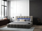 Pat dormitor dumonde, tapitat bej cu LED si USB, Palermo 180x200 cm, somiera rabatabila inclusa, spatiu depozitare WLS