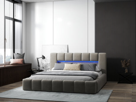 Pat dormitor dumonde, tapitat bej cu LED si USB, Palermo 180x200 cm, somiera rabatabila inclusa, spatiu depozitare WLS