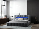 Pat dormitor dumonde, tapitat gri cu LED si USB, Palermo 140x200 cm, somiera rabatabila inclusa, spatiu depozitare WLS