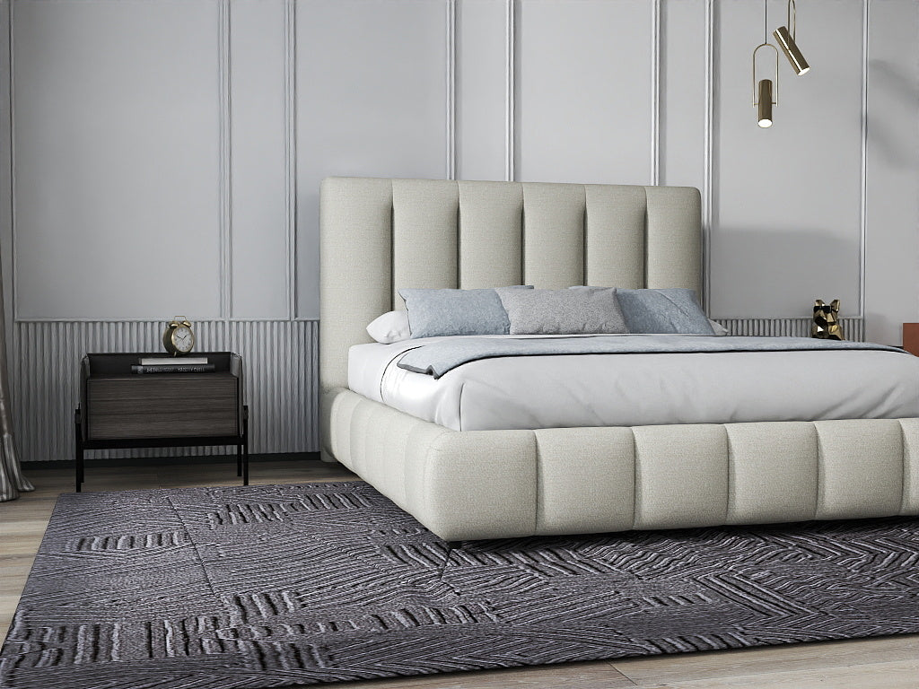 Set Pat dormitor dumonde, tapitat gri, Divaneo 160x200 cm, somiera rabatabila inclusa, spatiu depozitare + saltea